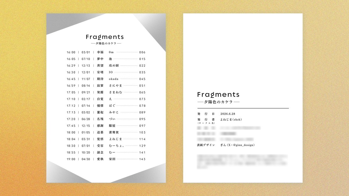 ginn_design's tweet photo. 今回は目次と奥付、しおりも制作させていただきました！画像は目次と奥付です https://t.co/15x6llmetn