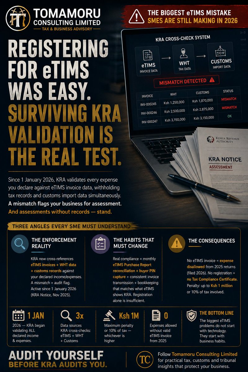 Tomamoru20's tweet photo. 📱 Your declared expenses can disappear fast if they're not backed by eTIMS invoices.

Since Jan 2026, KRA validates ALL declared expenses against eTIMS data.

No invoice = expense disallowed.
No registration = no TCC.
Mismatch = audit flag.

eTIMS registration was Step 1. DM us https://t.co/4eFXiUCWJe