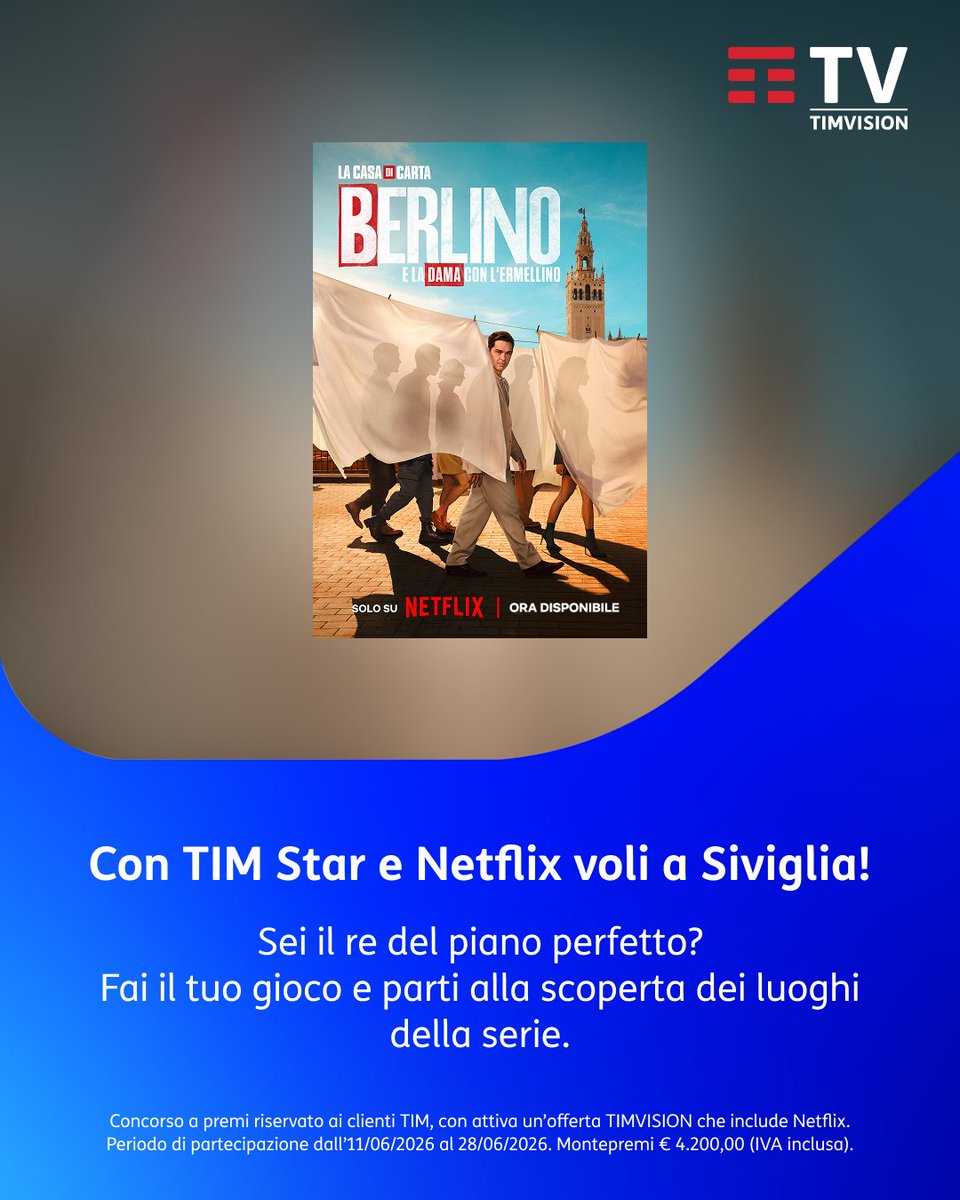 TIM_Official's tweet photo. Con TIM Star e Netflix voli a Siviglia! ✈️🇪🇸

Gioca con Berlino e la Dama con l'ermellino e parti alla scoperta dei luoghi della serie. In palio un viaggio per 2 persone, con volo e ospitalità inclusi.

Entra in #TIMStar 👉 https://t.co/EICPjNd7OB
#UnaConnessioneAllungaLaVita https://t.co/wVOxjk7pkm