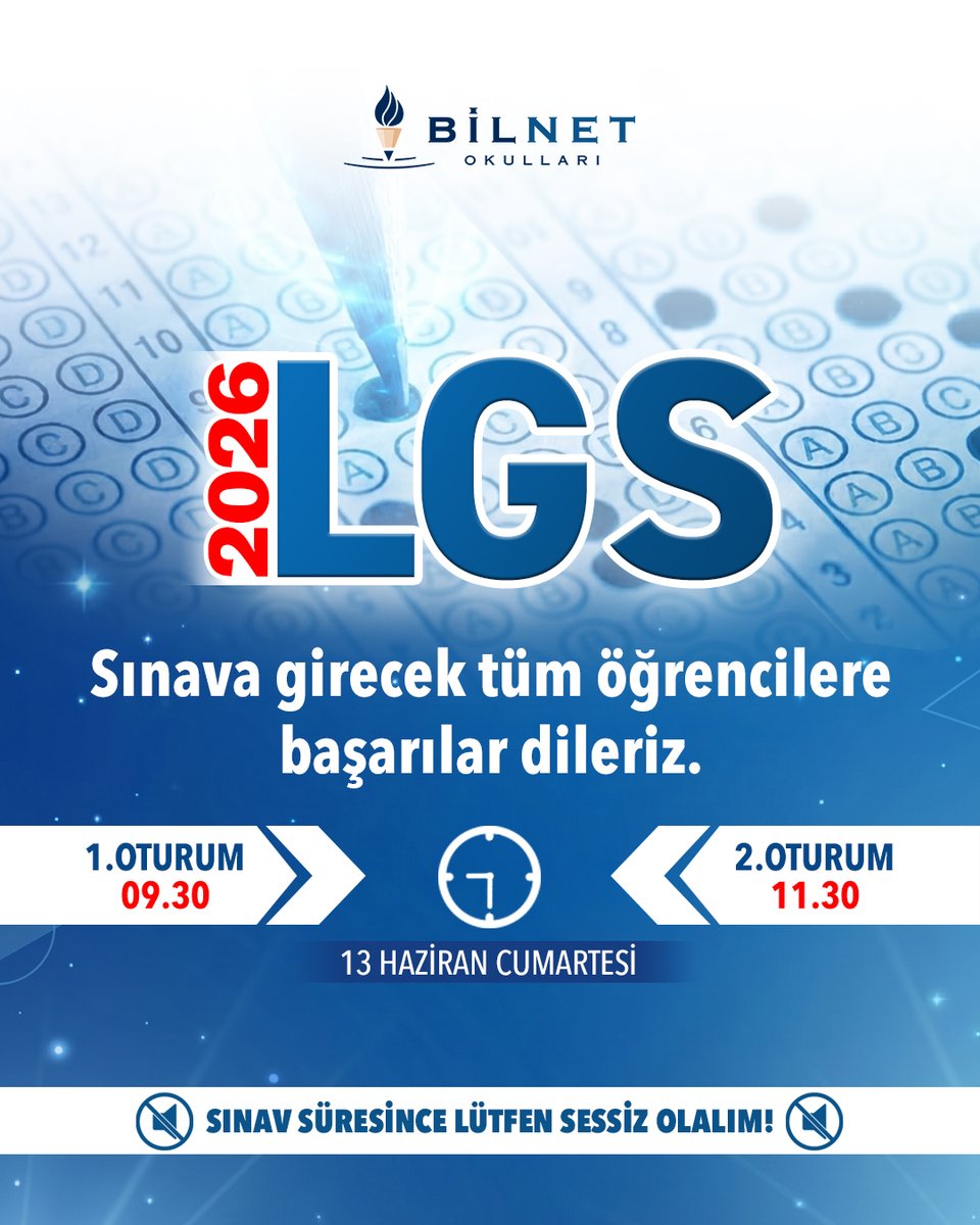BilnetOkullari's tweet photo. Sınava girecek tüm öğrencilere başarılar dileriz.

#Lgs #Lgs2026 https://t.co/xpVGsbtDlc