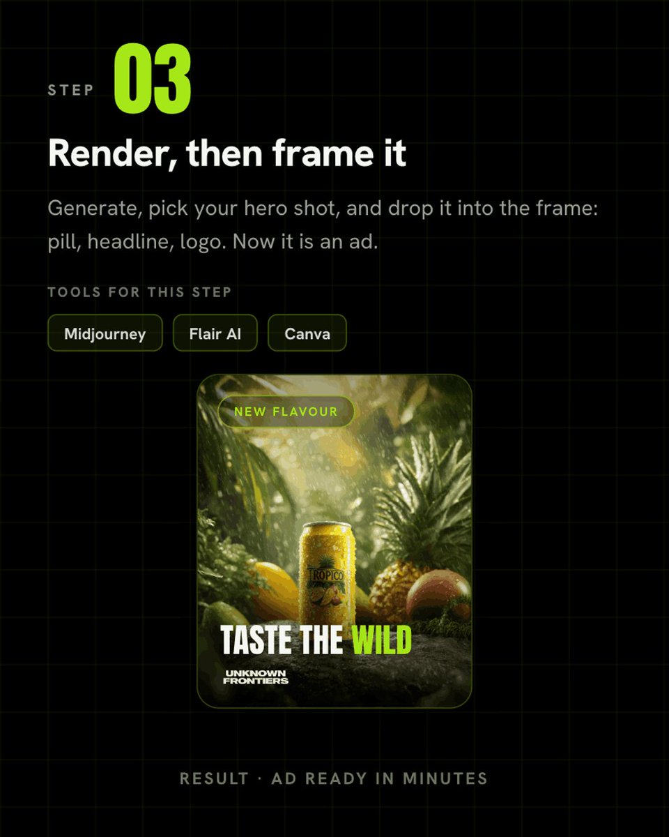 unknownfrontrs's tweet photo. Turn one plain photo into a scroll stopping product ad. Here is the step by step plan. 👇

No studio. No photographer. No five figure budget. Just one product shot and the right prompt, and you have a campaign visual in minutes.

Swipe through all 4 steps. The exact tools we use are on every slide, so you can start today. Save it for your next launch.

Step 1 · Start with a clean packshot
Step 2 · Write a cinematic prompt
Step 3 · Render, then frame it
Step 4 · Grab our prompt pack

Want the shortcut? Comment FRONTIER and we will DM you our 20 best AI ad prompts.

#aimarketing #aiadvertising #productphotography #contentcreation #aitools #aiagency #ecommerce #branding
