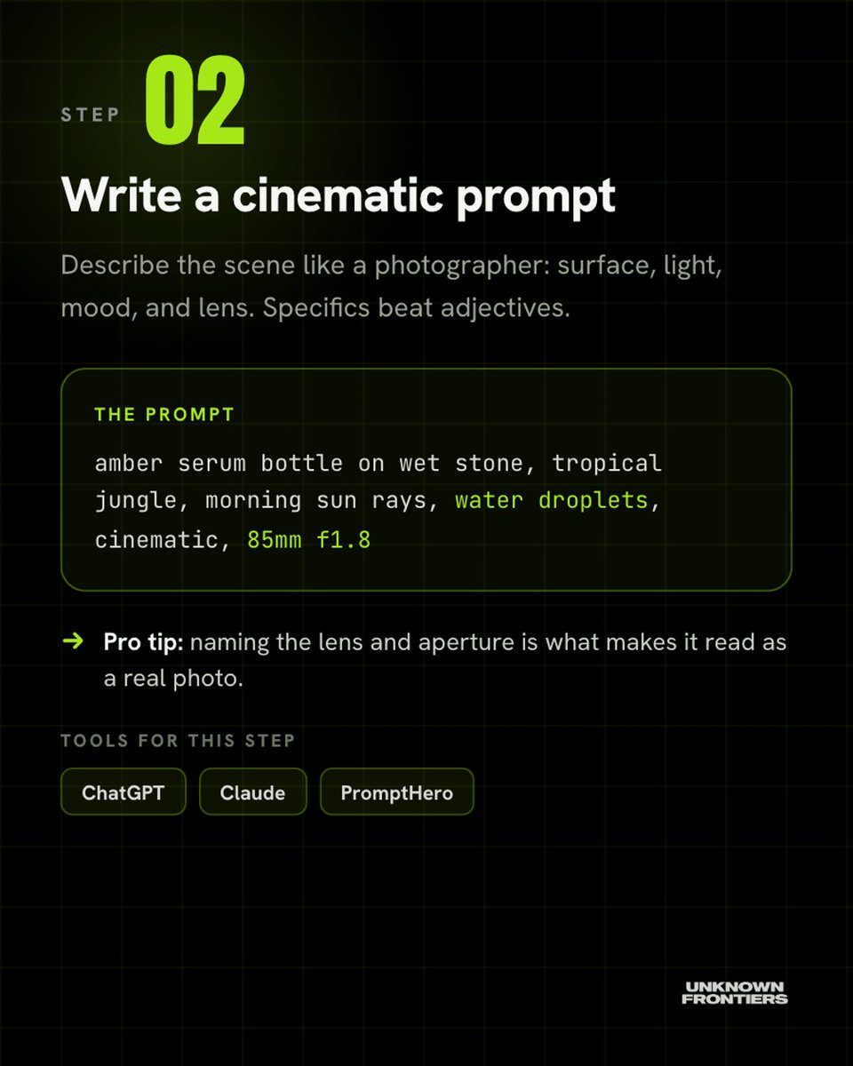 unknownfrontrs's tweet photo. Turn one plain photo into a scroll stopping product ad. Here is the step by step plan. 👇

No studio. No photographer. No five figure budget. Just one product shot and the right prompt, and you have a campaign visual in minutes.

Swipe through all 4 steps. The exact tools we use are on every slide, so you can start today. Save it for your next launch.

Step 1 · Start with a clean packshot
Step 2 · Write a cinematic prompt
Step 3 · Render, then frame it
Step 4 · Grab our prompt pack

Want the shortcut? Comment FRONTIER and we will DM you our 20 best AI ad prompts.

#aimarketing #aiadvertising #productphotography #contentcreation #aitools #aiagency #ecommerce #branding