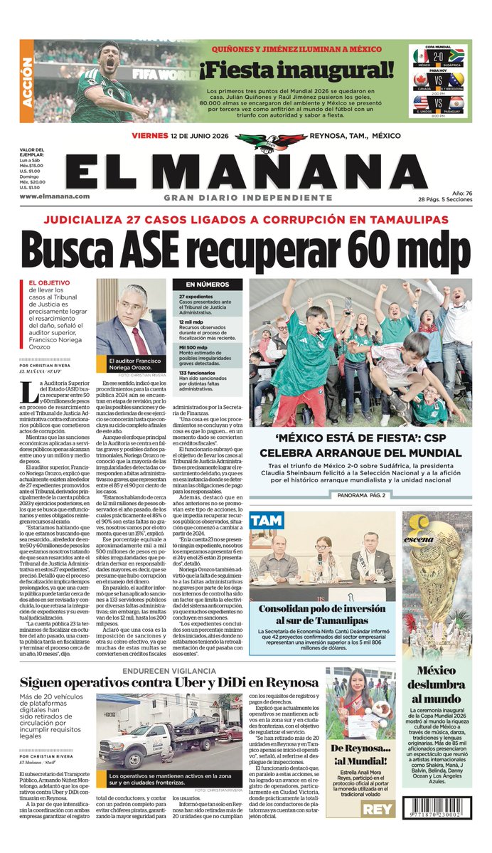elmananarey's tweet photo. ⏰ ¡Buenos días! 🌞
Hoy Viernes 12 de Junio 2026 ésta es la portada de nuestra edición impresa.
🌎 Manténgase al tanto de lo que pasa en la #localidad, la #región y el #mundo 🌎 https://t.co/TPOJKOfCBy