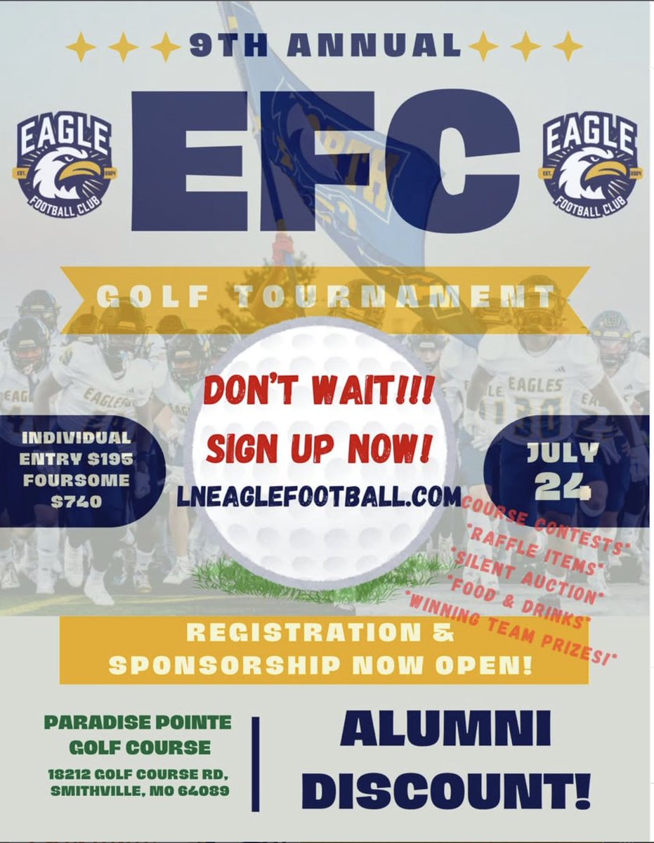 LNEagleFootball's tweet photo. Getting closer to the BIG DAY! We have a few spots left for both playing that day or if you would just like to sponsor and support our program!

Breakfast, Lunch, drinks, snacks, course games, silent auction and prizes everywhere! We hope you see you at this great event that supports our program in so many ways!

Sign Up Today!
https://t.co/ykNb7x7Ite

For more information, please contact
Mrs. Lyndsy Ingram, lyndsy.ingram@lps53.org
OR Coach Lierman, andrew.lierman@lps53.org