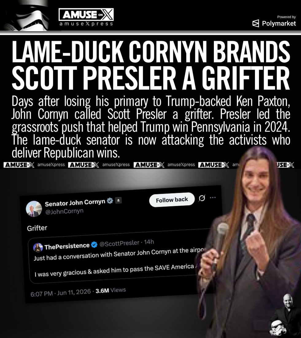 amuse's tweet photo. LIBEL: John Thune called supporters of the SAVE Act "paid influencers," and now John Cornyn is calling Scott Presler a "grifter." The SAVE Act would require proof of citizenship to register and photo ID to vote. It passed the House and enjoys majority support nationwide, yet the Senate refuses to act. Thune and Cornyn's attacks on its advocates make clear who is standing in the way.