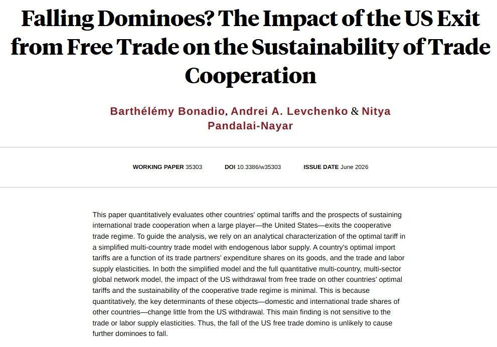 nberpubs's tweet photo. Evaluating other countries' optimal tariffs and the prospects of sustaining international trade cooperation when a large player—the United States—exits the cooperative trade regime, from Barthélémy Bonadio, Andrei A. Levchenko, and @nityanayar https://t.co/ASHlbwa6TH https://t.co/wwKLgsvnon