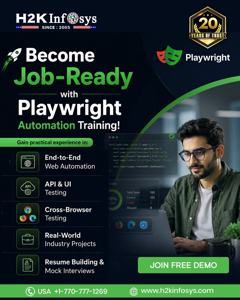 h2kinfosys's tweet photo. π Become Job-Ready with Playwright Automation Training!
π Enroll Today:https://t.co/F5YCotjedk
π USA: +1 770-777-1269
π§ training@h2kinfosys.com
πabout H2kinfosys In One Click: https://t.co/mvl6NTI1pk
#Playwright #AutomationTesting #QAAutomation #SoftwareTesting https://t.co/j5hqM42jXg