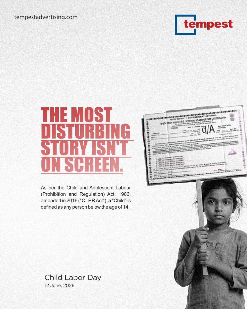 TempestAdv's tweet photo. Behind every child labourer is a childhood interrupted. This World Day Against Child Labour, say NO to hiring underage children and YES to education, opportunity, and the freedom to dream. Every action creates impact.

#ChildLabourDay #ChildhoodMatters #AwarenessToAction https://t.co/YiFqBJT96W