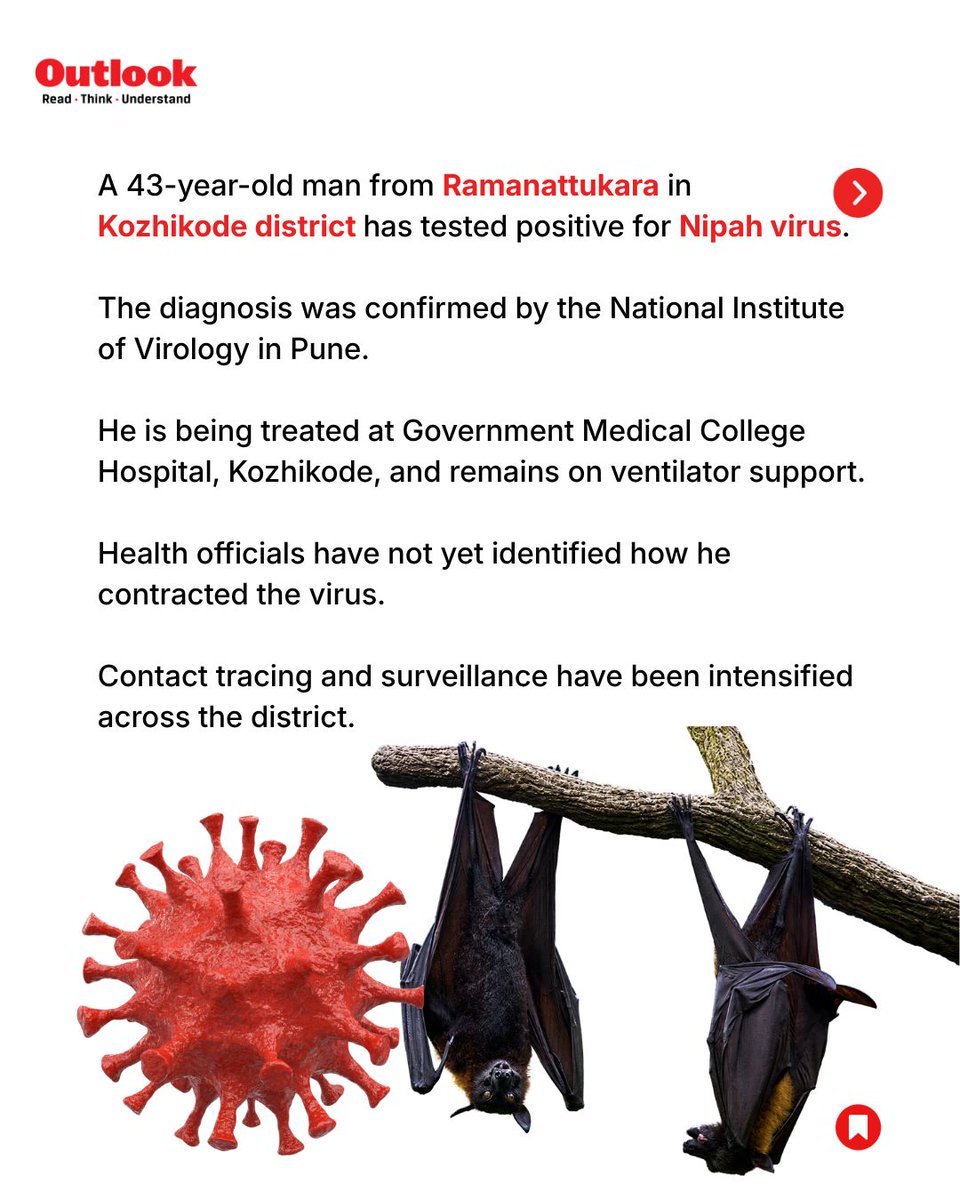 Outlookindia's tweet photo. So far, none of the identified contacts have reported symptoms.

Nipah has a high fatality rate and no approved vaccine, but Kerala has successfully contained every outbreak since 2018. https://t.co/0ndw6H7IAf