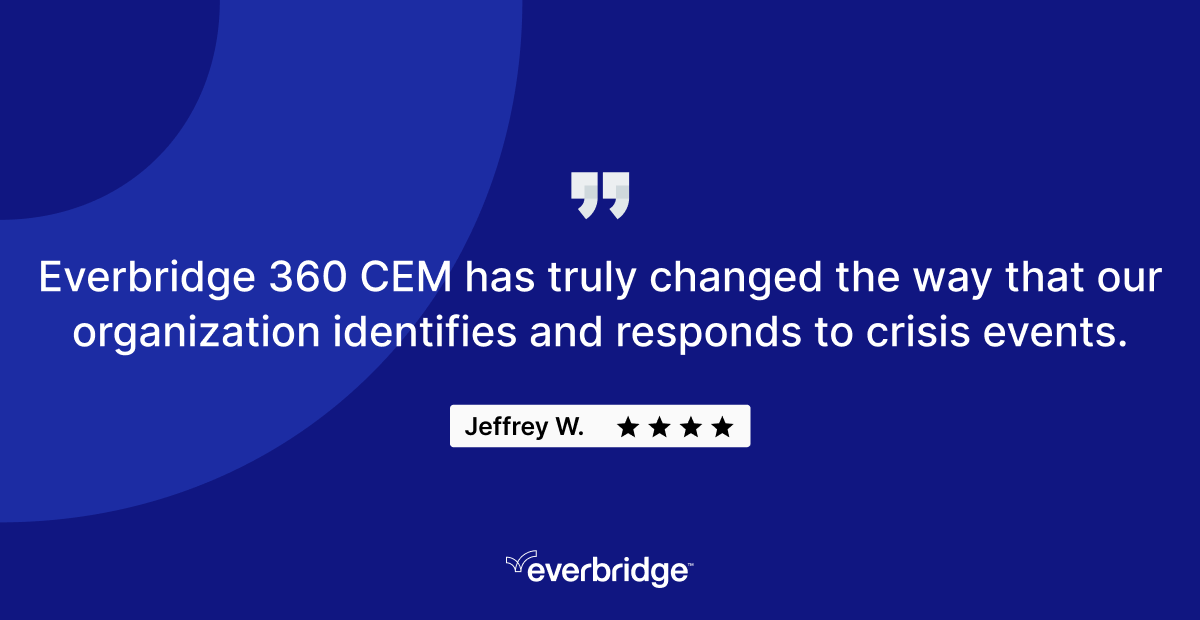 Everbridge's tweet photo. We're grateful for customers like Jeffrey W. who trust Everbridge 360 CEM to help strengthen their crisis response capabilities.

Want to hear more from our customers?

⭐ Read our G2 reviews: https://t.co/8S16rWk0vm

#OperationalResilience #G2Reviews #CustomerSuccess https://t.co/lgw2q8TqEx