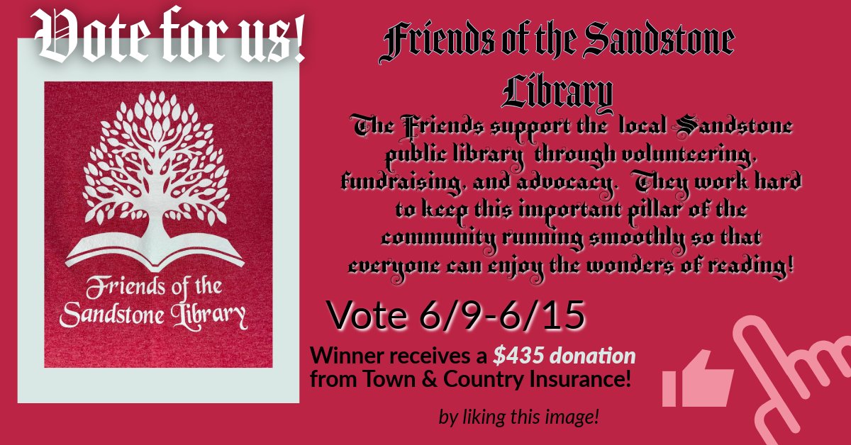 TCINS's tweet photo. 4 Days to Vote! Like your favorite non-profit on Facebook or voting on our Website!!! The winner with the most votes will receive a $435 donation! The three finalists are Friends of Sandstone Library, Sandstone Food Shelf, Dollars for Scholars, Vote &amp; Share, ends 6/15! https://t.co/fHKcvLsuas