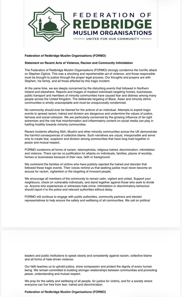 FORMO_Redbridge's tweet photo. FORMO Statement on current unrest and incidents. @APPGBritMuslims @muslim https://t.co/e9D2JyZNuM