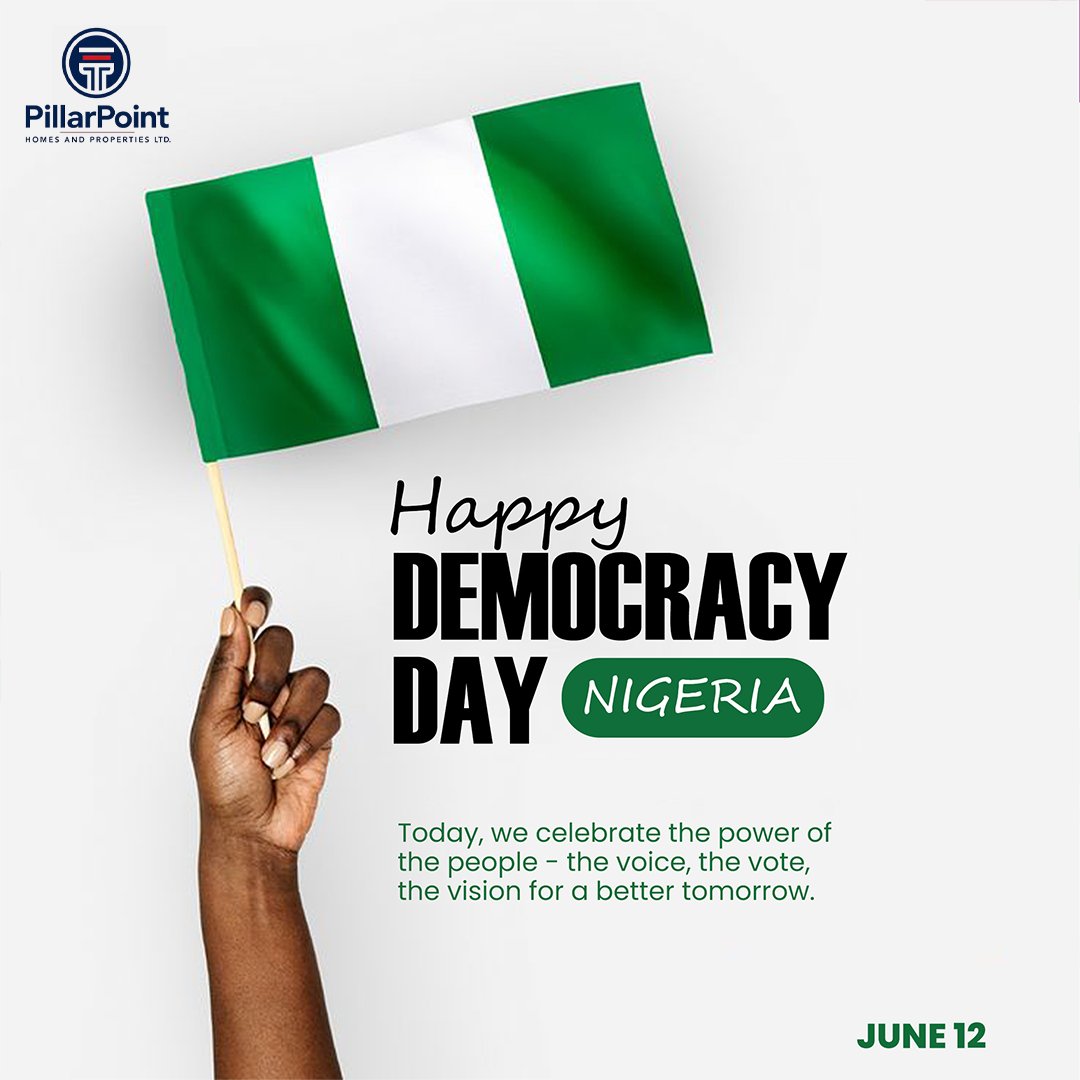 PillarPointHoms's tweet photo. Today, we celebrate the strength of our democracy, the power of every voice, and the hope of a brighter future. Together, we build a nation where every vote counts and every citizen matters. Happy Democracy Day, Nigeria! 🇳🇬

#DemocracyDayNigeria #NigeriaAt64 #PowerOfThePeople https://t.co/PFJ9zIYpaa