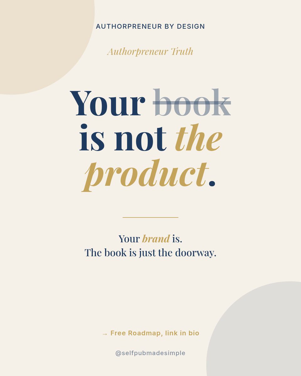 selfpubsimple's tweet photo. Your book is not the product. Your brand is.

The book is the doorway. The business is the room behind it.

Same book, different outcome:
→ lead magnet
→ credibility
→ email list anchor
→ series opener

Free roadmap → https://t.co/gm1WKH2cL4 https://t.co/WUbxxEyJPv
