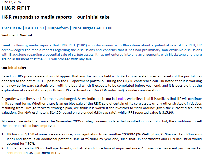 TSXDivStock's tweet photo. RBC analyst comments on $HR.UN. I still think there is good upside from here. The units hit a high of $12.77 last summer after initial discussions with suitors came to light, and as RBC notes, conditions to sell have improved since. https://t.co/rZeOS84la3