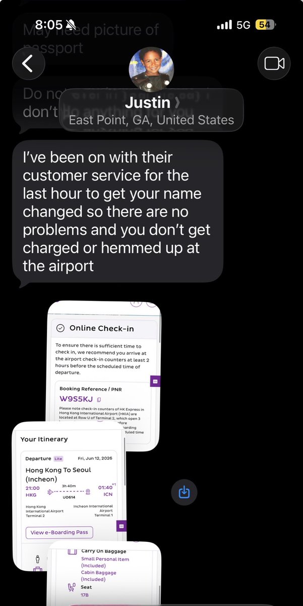 BeeScott1's tweet photo. I jumped on a flight to Hong Kong with the intention of buying a ticket to Seoul on the plane but the WiFi was too bad. So, I needed a someone to book, pay and check me in. Justin is now my person. He did great. I'm on my flight to Seoul! https://t.co/Sc76nwJ7jH