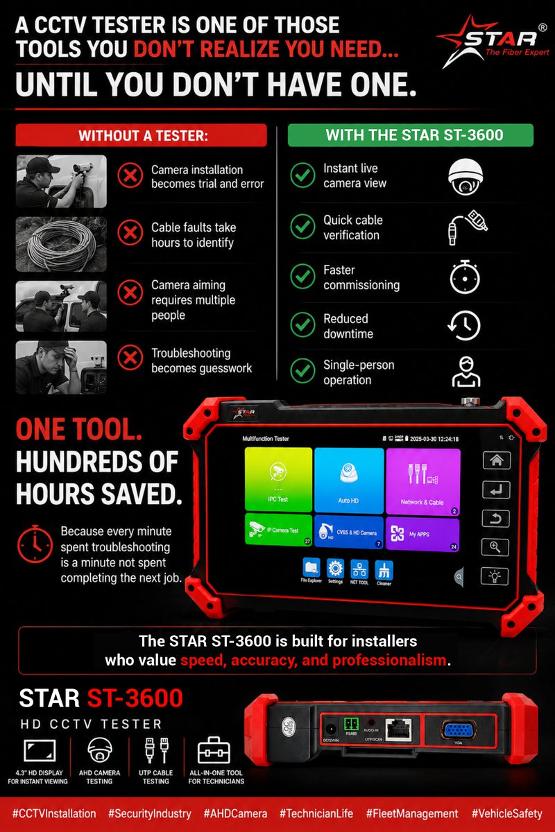 StarInfomatic's tweet photo. 🚀 Stop Guessing. Start Testing.

A reliable CCTV installation starts with the right tools. The STAR ST-3600 HD CCTV Tester helps technicians verify cameras, test cables, troubleshoot faults, and commission systems faster—all from a single device.

✅ Live Camera View
✅ Cable Testing & Verification
✅ Faster Installation & Troubleshooting
✅ Single-Person Operation
✅ Reduced Downtime & Improved Efficiency

Save time, reduce errors, and deliver professional results on every project.

#CCTVTester #CCTVInstallation #SecuritySystems #Surveillance #IPCamera #AHDCamera #CableTesting #NetworkTesting #TechnicianLife #SecurityIndustry #SmartSecurity #FieldEngineering #TelecomTools #InstallationTools #StarInfomtic #CCTVSolutions #Infrastructure #ProfessionalTools #ElectronicSecurity #TechInnovation