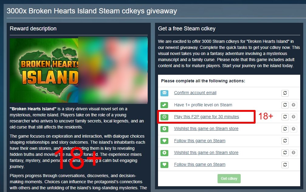 DukeMozzarelli's tweet photo. [STEAM] (TC / +1) Broken Hearts Island 🔞

https://t.co/Rfp21HIAQo

• +1 — YES. • Cards — YES. • Achievements — YES.
https://t.co/oOVL2HzNZO

ASF console command for the game 🔞, which you must play for 30 minutes.
!ala 1501761
!play asf 4293850 https://t.co/IghgTIvQWl