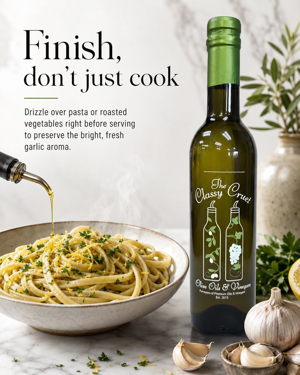 TheClassyCruet's tweet photo. Most folks grab their garlic olive oil for one thing, so here's a new idea.

Whisk it with fresh lemon and a pinch of salt and you've got chicken, shrimp, or lamb ready for the grill.

One bottle, dozens of uses.

#keepitclassy https://t.co/5FDli1X4O5