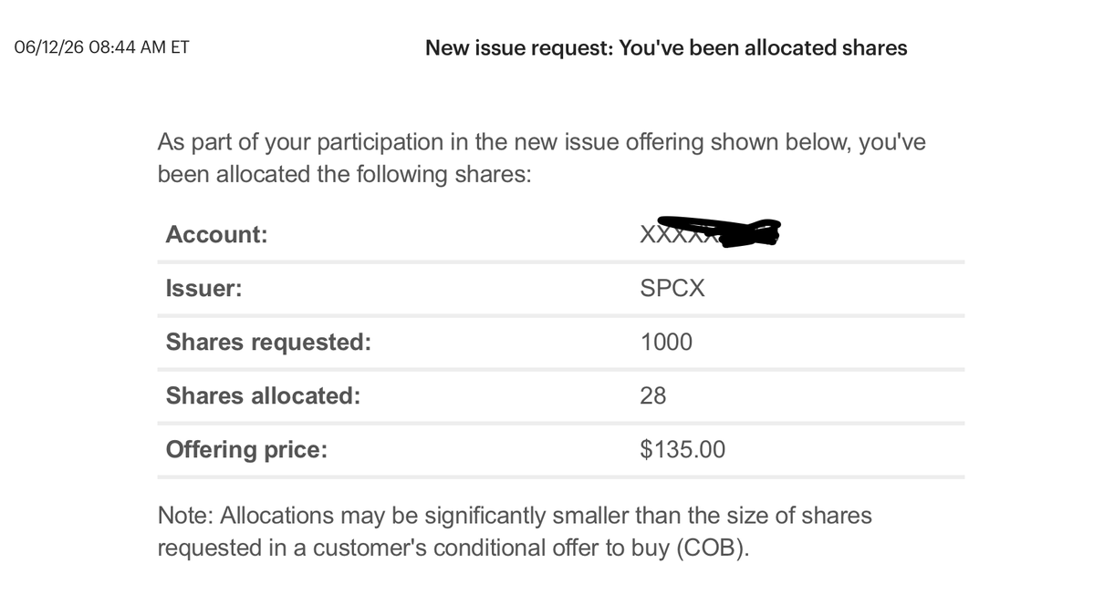 CainNicholas's tweet photo. I guess some shares of $SPCX is better than none at the IPO Price. https://t.co/w2lpW1Q47x