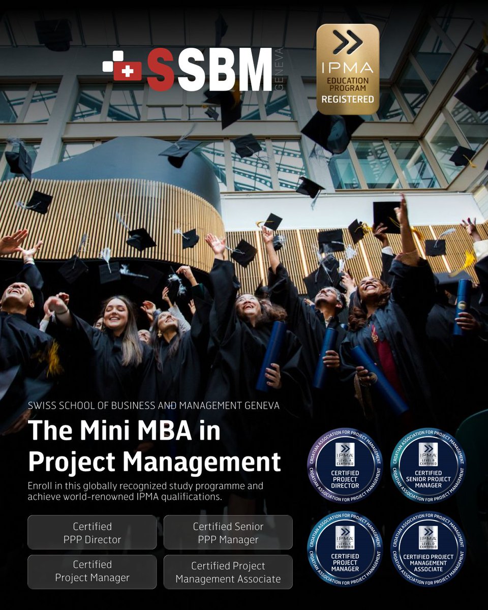 iPMAglobal's tweet photo. 🎓 Advance Your Career with the Mini MBA in Project Management – SSBM Geneva 🌍

Take the fast-track to becoming a globally recognized project management professional with the Mini MBA in Project Management, delivered in collaboration with the International Project Management Association (IPMA). 🚀

This fully online program is designed for professionals holding a master’s degree, looking to elevate leadership capacity, expand expertise, and gain competitive advantage in today’s dynamic business environment. Through SSBM Geneva’s cutting-edge methodology and IPMA’s internationally recognized standards, students can achieve IPMA Individual Competence Level Certification (ICB4) and position themselves as top-tier certified project managers. 🌎💼

Why Join the Mini MBA?
✨ International Recognition: Align your skills with IPMA global standards and gain credentials recognized worldwide.

🎓 Expert-Led Education: Learn from a faculty of over 170 experienced lecturers and industry professionals.

🛠️ Practical Application: Apply project management tools, methods, and frameworks through hands-on exercises, case studies, and capstone projects.

🌐 Global Network: Connect with peers and alumni from 160+ countries, expanding your international professional network.

Program Highlights:
Duration: 6 months | Language: English | Fully online
Core Modules + Capstone Project integrating real-world applications
Access to SSBM’s learning platform and resources

Take the first step toward leading complex projects globally with confidence and competence. 🌟

📩 Learn more and secure your spot today: https://t.co/krjm2mPFzu