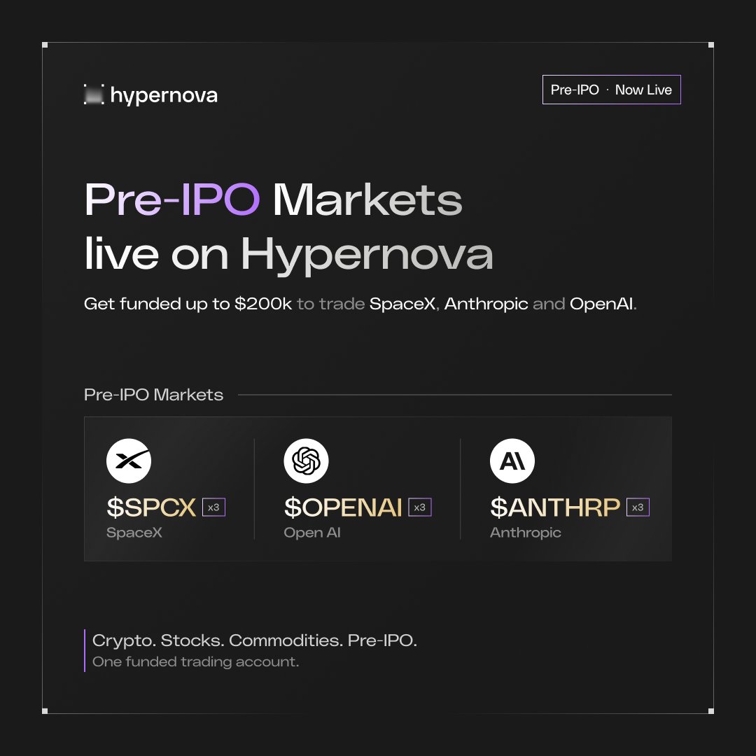 HypernovaX's tweet photo. Pre-IPO markets are live.

SpaceX. Anthropic. OpenAI.

Tradeable on Hypernova.

Funded up to $200k. https://t.co/PKOrqAfDGj