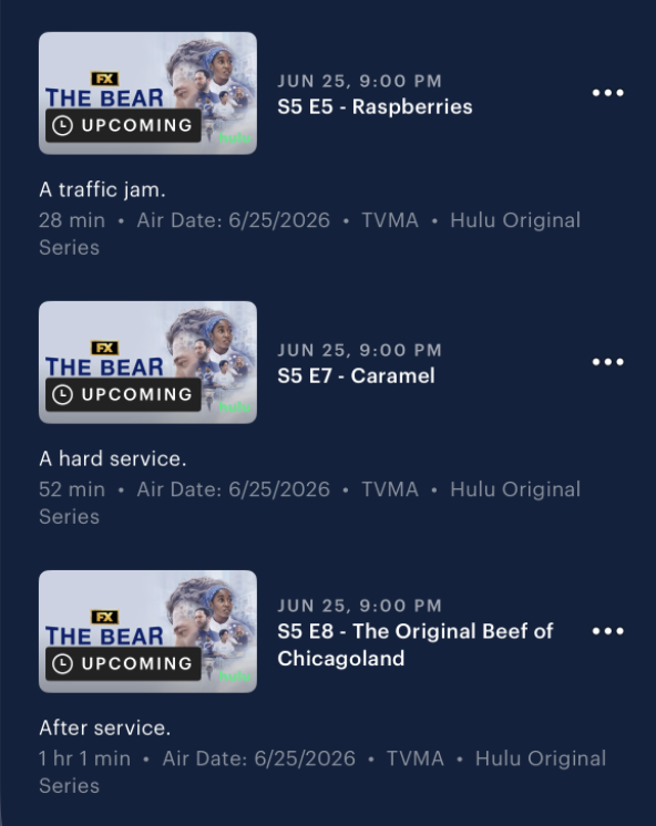 girlflopping's tweet photo. The Bear Season 5 episode run times. The last two being an hour long 🥲 also episode 6 is missing https://t.co/f7Jzz42hSm