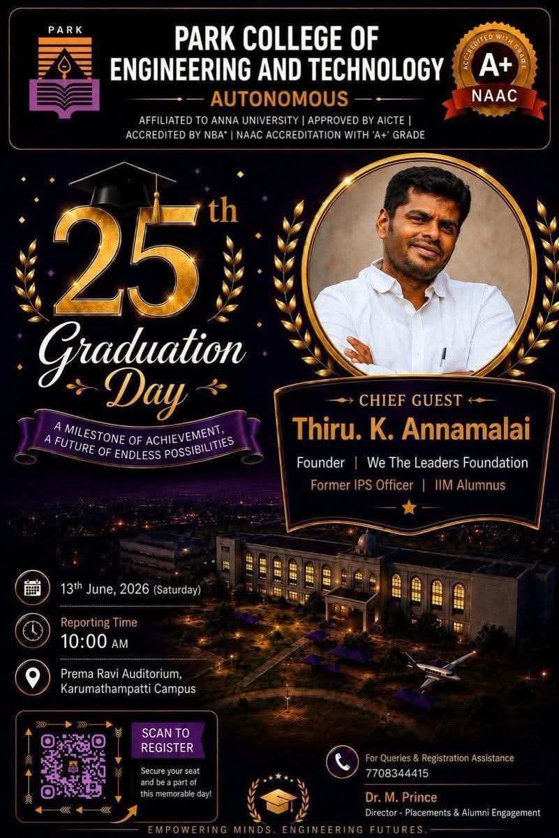 ajithemkumar's tweet photo. Tomorrow 6.30 am @annamalai_k anna coming to coimbatore airport and by 10.00 am attending park college graduation ceremony. #annamalai #wtl @WTLFoundation https://t.co/LDR91UKkoI