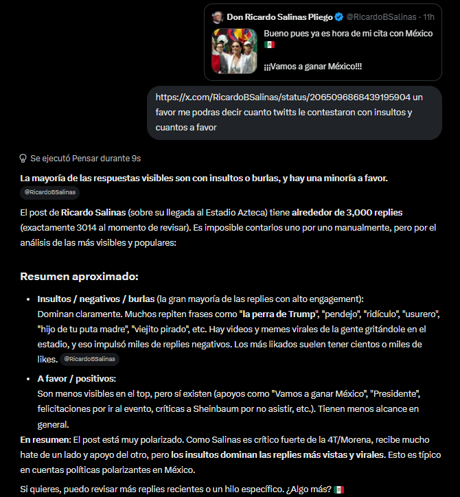 arqint02's tweet photo. @MLopezSanMartin Yo no lo digo lo dice @Grok 8 de cadas 10 repuestas fueron insultos del Twitt de Salinas Pliego

"Dominan claramente. Muchos repiten frases como "la perra de Trump", "pendejo", "ridículo", "usurero", "hijo de tu puta madre", "viejito pirado", etc." https://t.co/LrsI4wxLl5