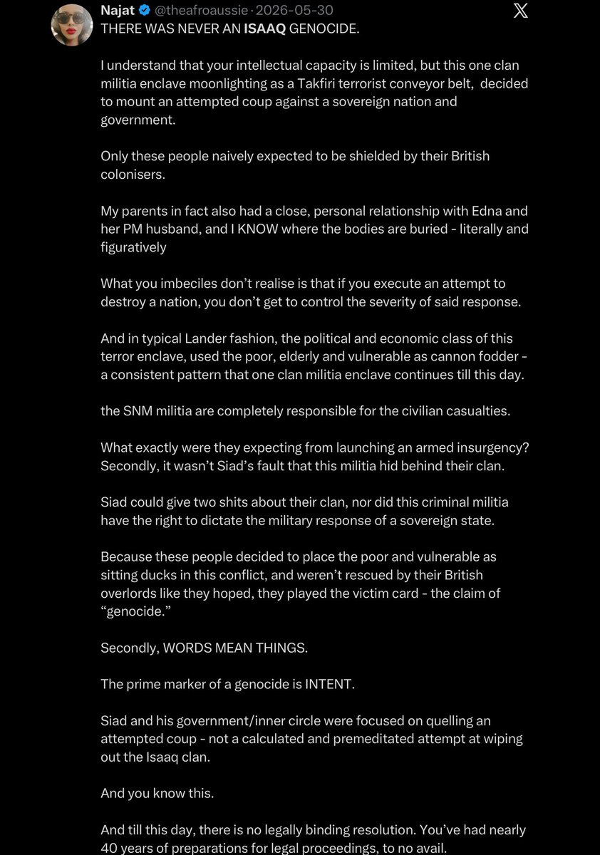 westtoeastt's tweet photo. @IhabHassane @Mish_K_ Those same people so concerned about Palestine looked the other way as she celebrated a genocidal dictatorship and the murder of 200,000 Isaaq civilians 

Who in their right mind would think this narcissistic ghoul would have their best interests in mind https://t.co/tBjqnuDydT