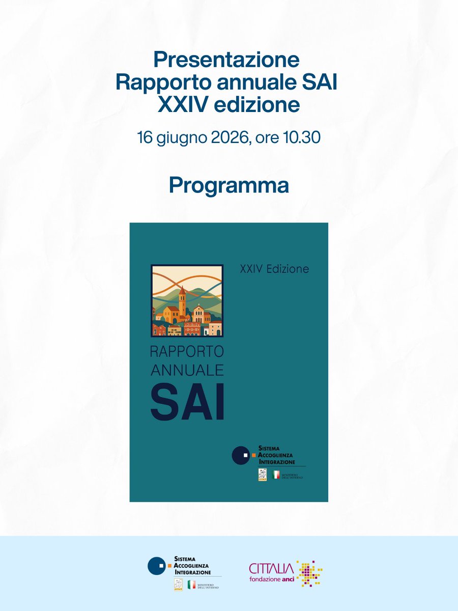 rete_sai's tweet photo. Martedì 16 giugno 2026, a partire dalle ore 10.30, si terrà la presentazione della XXIV edizione del Rapporto Annuale SAI. 

Qui il programma della giornata 👉 https://t.co/sCRdF8JbUf https://t.co/CeYofLKeQo