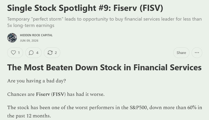 HiddenRockCap's tweet photo. Check out my latest writeup on Fiserv $FISV 

New management completely reset the decks, and the stock is trading for less than 5 x long-run normalized earnings due to recent mis-steps from the old regime, which are being corrected by the new leadership team.

Link in bio. https://t.co/WIIy40MhjK