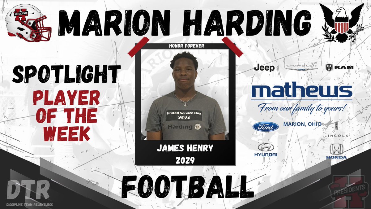 HHSPresidentsFB's tweet photo. SPOTLIGHT PLAYER OF THE WEEK
Presented by Mathews Family of Dealerships

Congratulations to James Henry on being named this week's Spotlight Player!

Keep working, James. The best is yet to come.

#DTR #HonorForever #WinTheDay https://t.co/13qnRfOAQ4