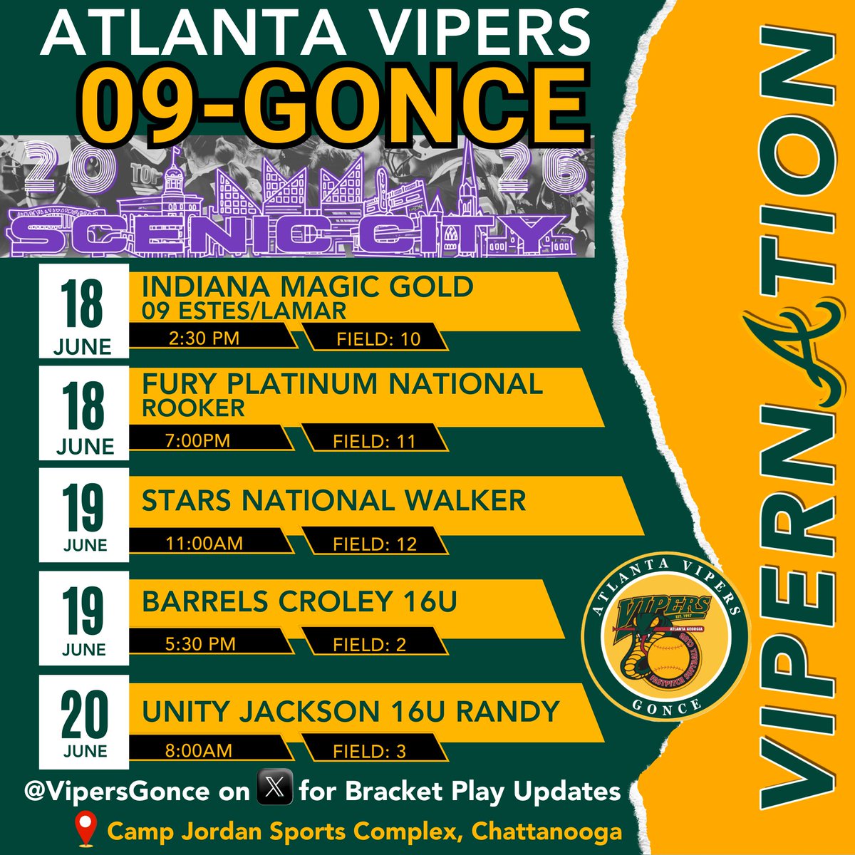 VipersGonce's tweet photo. 📢 COACHES! Fresh off their 3rd place finish at PGF Show Me The Money in Newberry, FL, our girls head west for Scenic City Summer in Chattanooga! Consistent performers; the accolades run DEEP for this crew! 💪
- #3 @ PGF Show Me The Money Newberry FL 2026
- #1 @ Ray Seymour Invitational Pool A 2025
- #1 @ PGF $25K Fall Ca$hionals 2025
- #3 @ PGF Show Me The Money Newberry FL 2025
- #1 @ CO Sparkler in Fireworks Power Pool 2025
- #2 @ Atlanta Legacy Showcase 2025
- #1 @ PGF $25K Summer Ca$hional$ 2025
This is a roster of 🥎STUDS you don’t want to miss.
#ViperNation #BeTheStandard

@thevipernation @SoftbalAmerica @ExtraInningSB @LegacyLegendsS1 @LineDsoftball @PrepSoftball @IHartFastpitch @CoastRecruits @CoastRecruitsSB @TopPreps @SBRRetweets @karson_riddle @PressliReynolds @BayleighM19 @meltonfastpitch @MiaSciacca29 @paytongonce2027 @Elizabeth_R_09 @PeytonHendrix33 @braelynt2027 @Reginae2029 @KBodd13 @GeorgiaG2028 @paytonreed2028