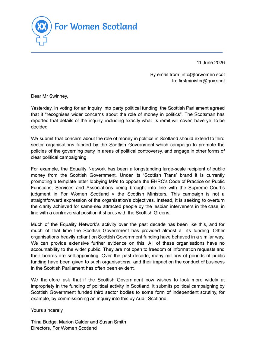 ForWomenScot's tweet photo. We have written to @ScotGovFM asking that any inquiry into the role of money in politics includes lobby groups funded by the Gov which campaign to promote the policies of the governing party. https://t.co/yYBSFauYLJ