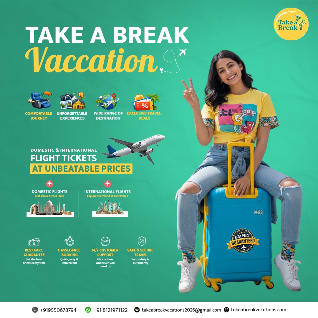 Takeabreakv's tweet photo. ✈️ Your next adventure starts here! 🌍

From domestic getaways to international escapes, we've got your flight tickets covered at unbeatable prices. 🎟️

✅ Best Fare Guarantee
✅ Hassle-Free Booking
✅ 24/7 Customer Support
✅ Safe &amp; Secure Travel

📞 Book now and fly smarter! https://t.co/qxGlJQBIF2