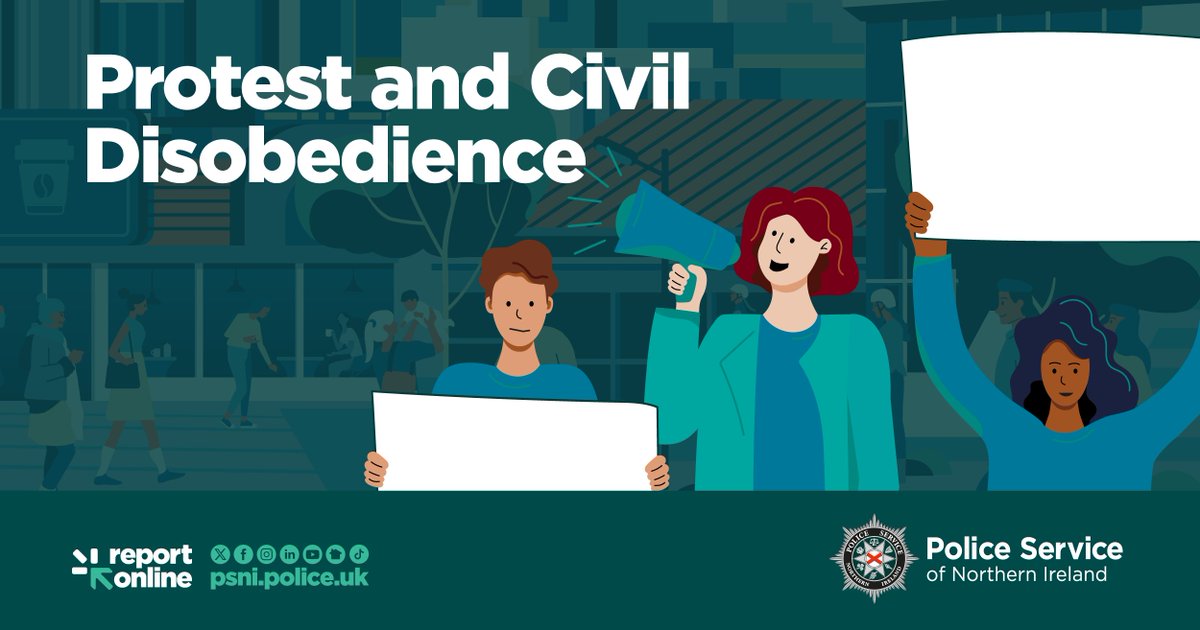 Illustration of people protesting with signs and a megaphone with the text: "Protest and Civil Disobedience"