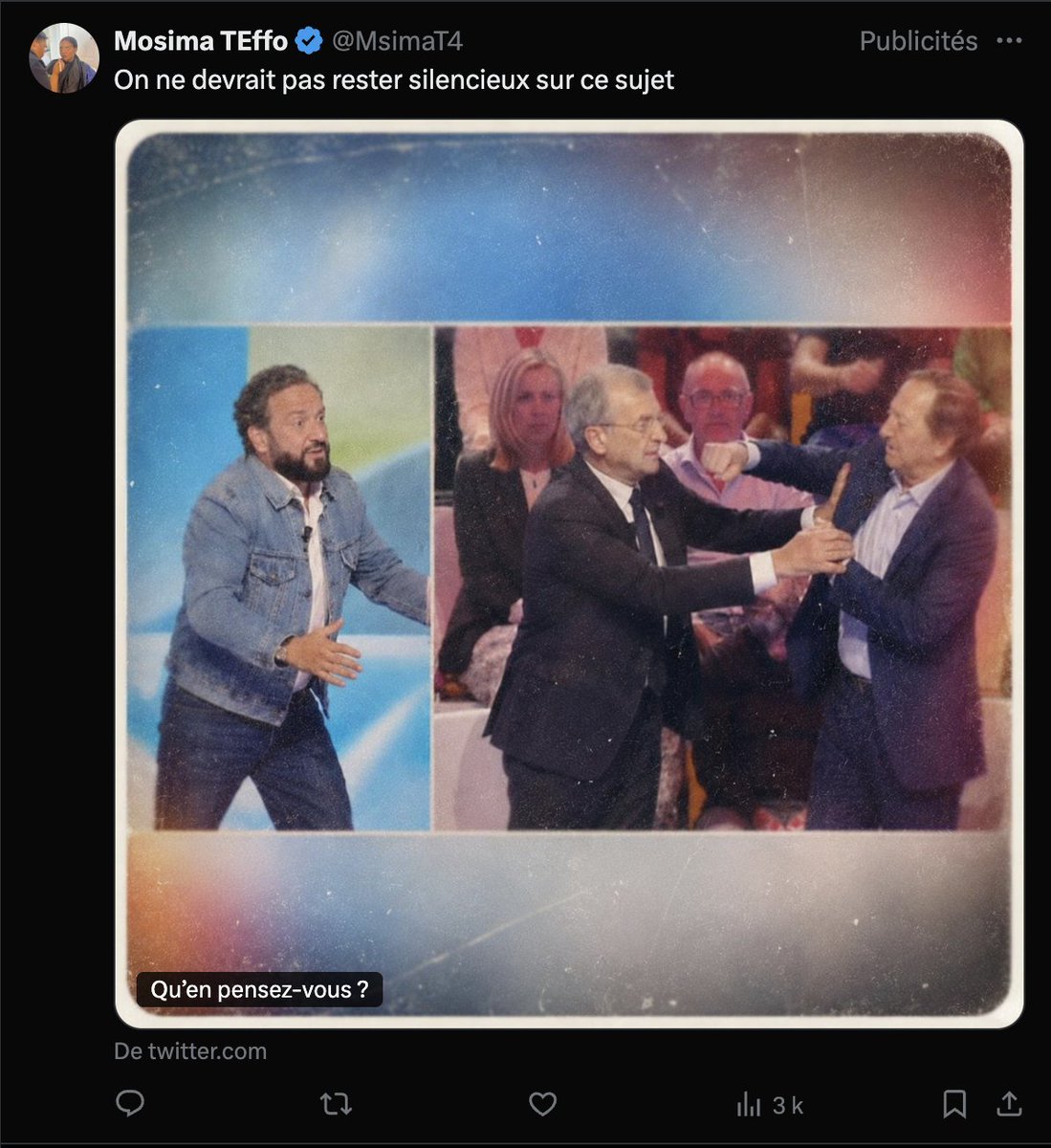 vtougait's tweet photo. Pour répondre à ces "posts" en citant Karadoc, "c'est d'la merde".
Sur le fond, Hanouna et ses émissions, et sur la forme, avec X qui impose cette merde clivante comme "publicité" dans une TL "Abonnés - Récents" visant justement à n'avoir que du contenu choisi. https://t.co/5jIqU2I5hu