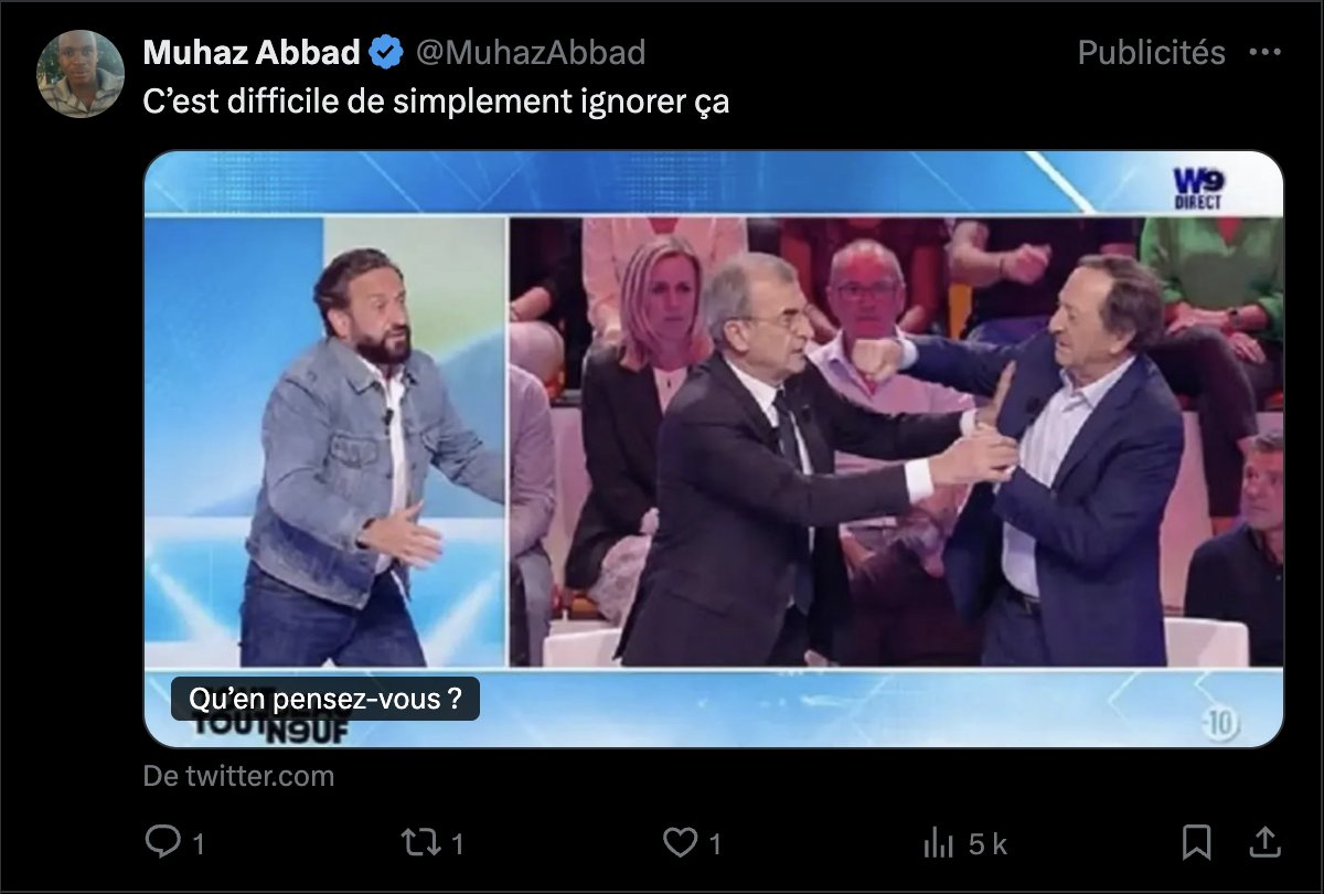 vtougait's tweet photo. Pour répondre à ces "posts" en citant Karadoc, "c'est d'la merde".
Sur le fond, Hanouna et ses émissions, et sur la forme, avec X qui impose cette merde clivante comme "publicité" dans une TL "Abonnés - Récents" visant justement à n'avoir que du contenu choisi. https://t.co/5jIqU2I5hu