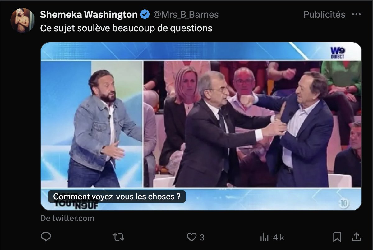 vtougait's tweet photo. Pour répondre à ces "posts" en citant Karadoc, "c'est d'la merde".
Sur le fond, Hanouna et ses émissions, et sur la forme, avec X qui impose cette merde clivante comme "publicité" dans une TL "Abonnés - Récents" visant justement à n'avoir que du contenu choisi. https://t.co/5jIqU2I5hu