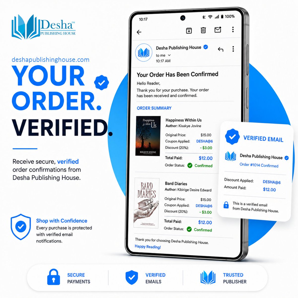 DeshaPublishing's tweet photo. Your orders just got smarter! 

Every order confirmation from Desha Publishing House now arrives as a verified email, so you always know it's really us.
Shop with confidence. Every purchase is secure, verified, and trusted.

Visit: https://t.co/wwfNQhLCAy to order! https://t.co/xPISlT1eiR
