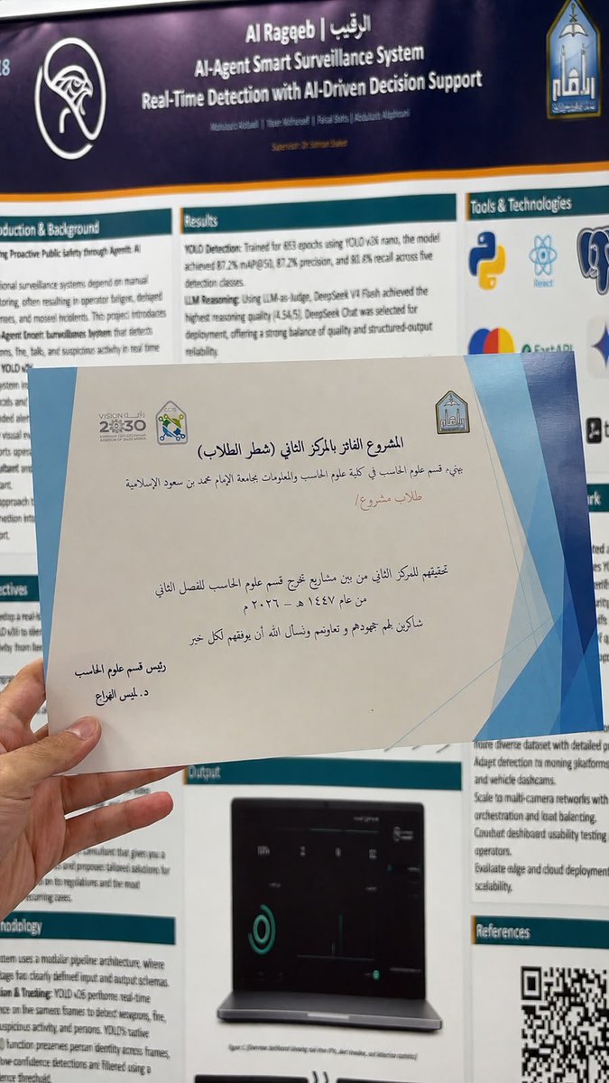 abdulziz_5's tweet photo. بسم الله الرحمن الرحيم

بفضل الله ومنّته تحقّق ما كنا نطمح إليه، فله الحمد والشكر.

شاركنا في معرض مشاريع التخرج بمشروعنا "الرقيب"، نظام مراقبة ذكي يخدم قطاع الأمن العام في حماية الأماكن العامة، وتشرفنا بنيل المركز الثاني.

#مشاريع_التخرج #الذكاء_الاصطناعي #الرقيب #الأمن_العام https://t.co/D6LQAWC87P