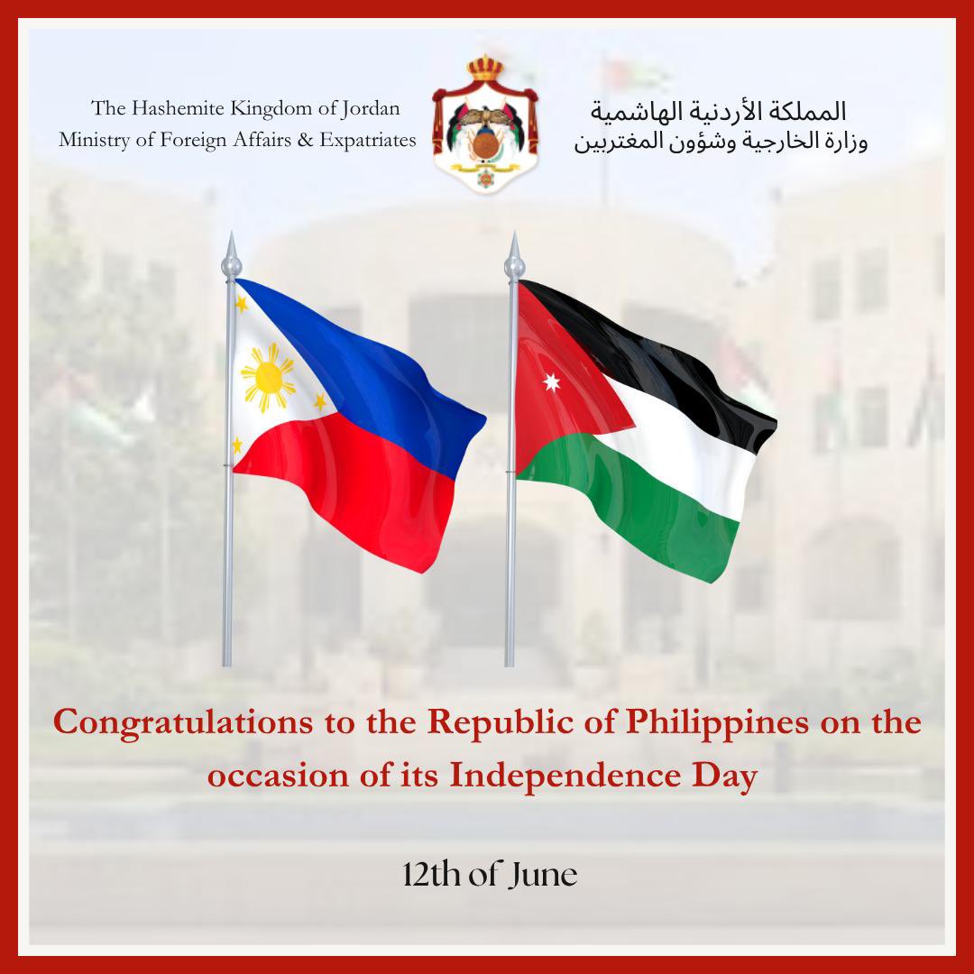 ForeignMinistry's tweet photo. نُهنئ جمهورية الفلبين الصديقة بمناسبة ذكرى يوم الاستقلال  

Congratulations to the Republic of Philippines on the occasion of its Independence day

#الأردن
#الفلبين
#Jordan
#Philippines
🇵🇭🇯🇴

@DFAPHL https://t.co/kAwC6YGSUZ