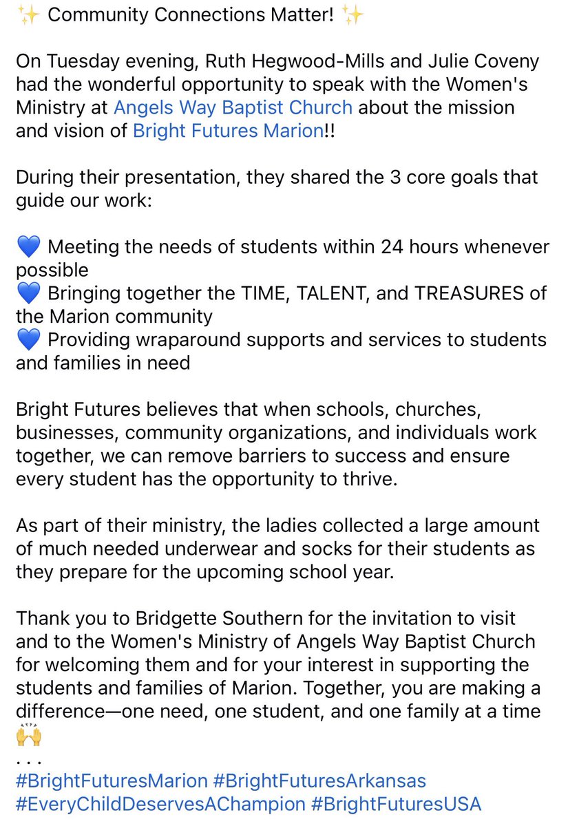 BF_Arkansas's tweet photo. ✨ Community Connections Matter! ✨
On Tuesday evening, Ruth Hegwood-Mills and Julie Coveny had the wonderful opportunity to speak with the Women's Ministry at Angels Way Baptist Church about the mission and vision of Bright Futures Marion!! https://t.co/WEXbnuDRd4