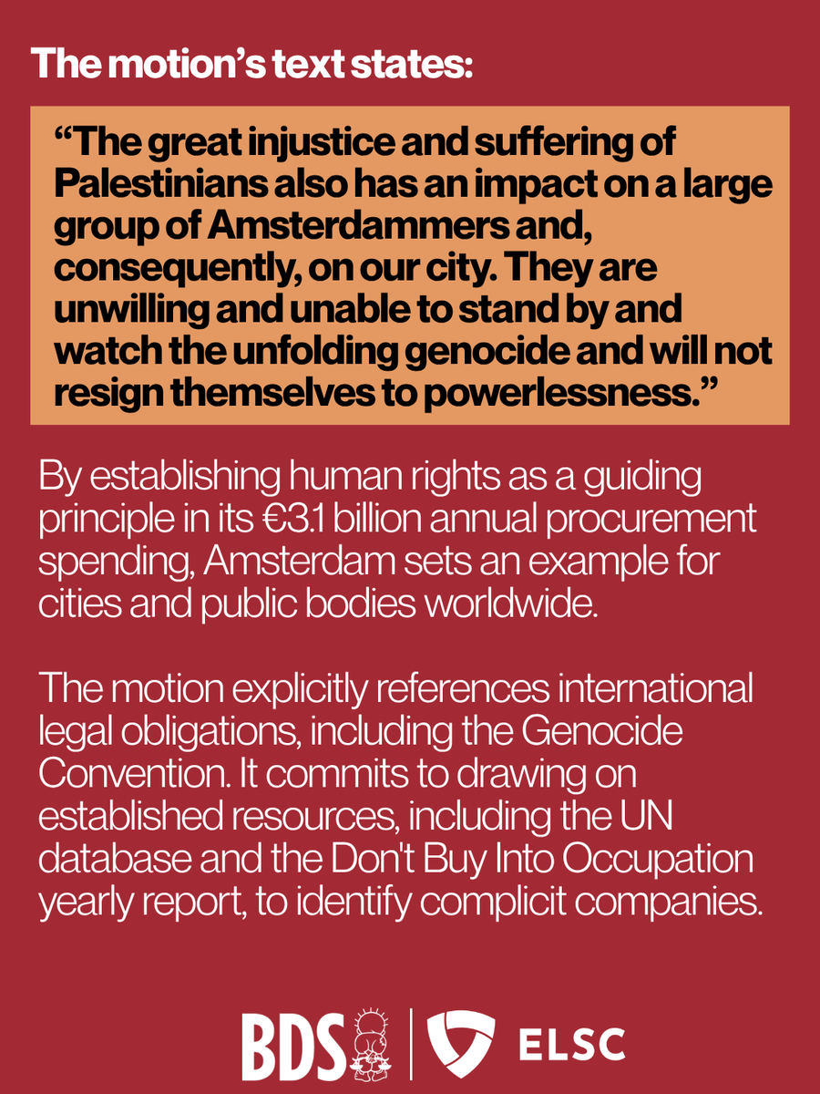 BDSmovement's tweet photo. The Palestinian-led BDS movement and its partner, @elsclegal, welcome Amsterdam's groundbreaking decision to adopt an Ethical Procurement Policy (EPP). https://t.co/HEEv1K4tzW