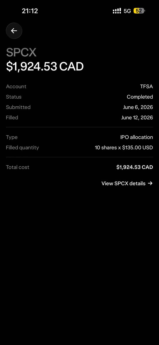 mud_so's tweet photo. 从 #wealthsimple 拿到了10股spacex $SPCX ,做迷你股东 https://t.co/AHvt0ys3hv