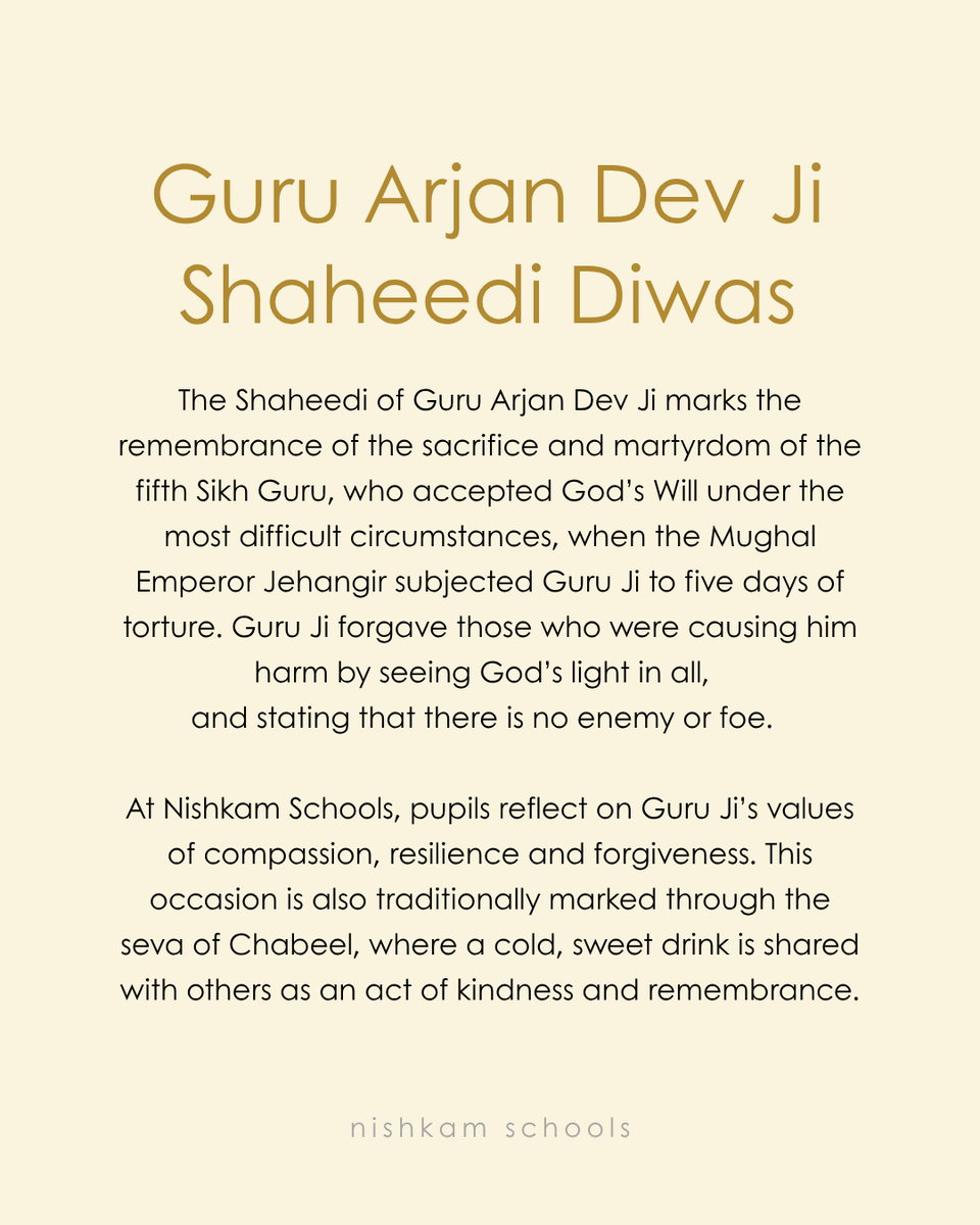 AkaalSchool's tweet photo. This week, we are commemorating the Shaheedi of Guru Arjan Dev Ji. Pupils are learning about Guru Ji’s sacrifice and reflecting on the values of compassion, resilience, forgiveness and selfless service, while exploring how these teachings can guide us in our everyday lives. https://t.co/0QfcaIiddw