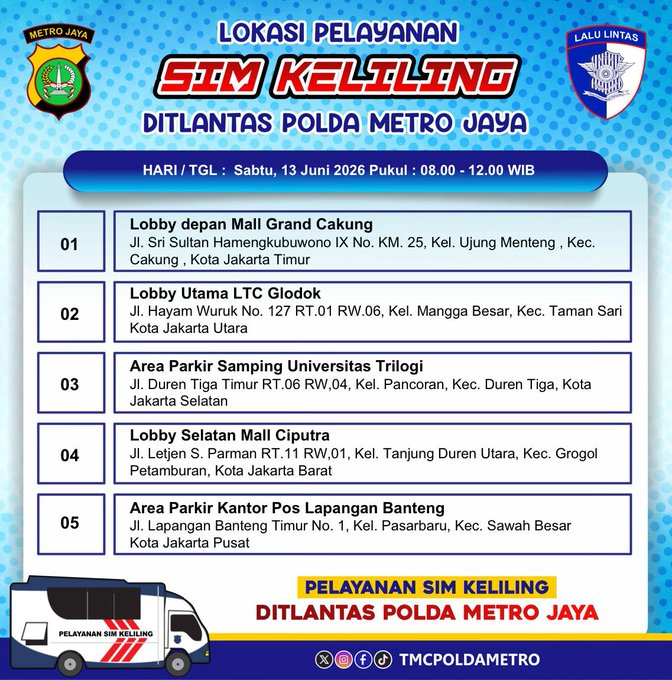 RadioElshinta's tweet photo. 20.19 Via @TMCPoldaMetro : Informasi Lokasi Pelayanan #SIMKeliling Dit Lantas Polda Metro Jaya Hari Sabtu, 13 Juni 2026. https://t.co/wrXPkZitO9