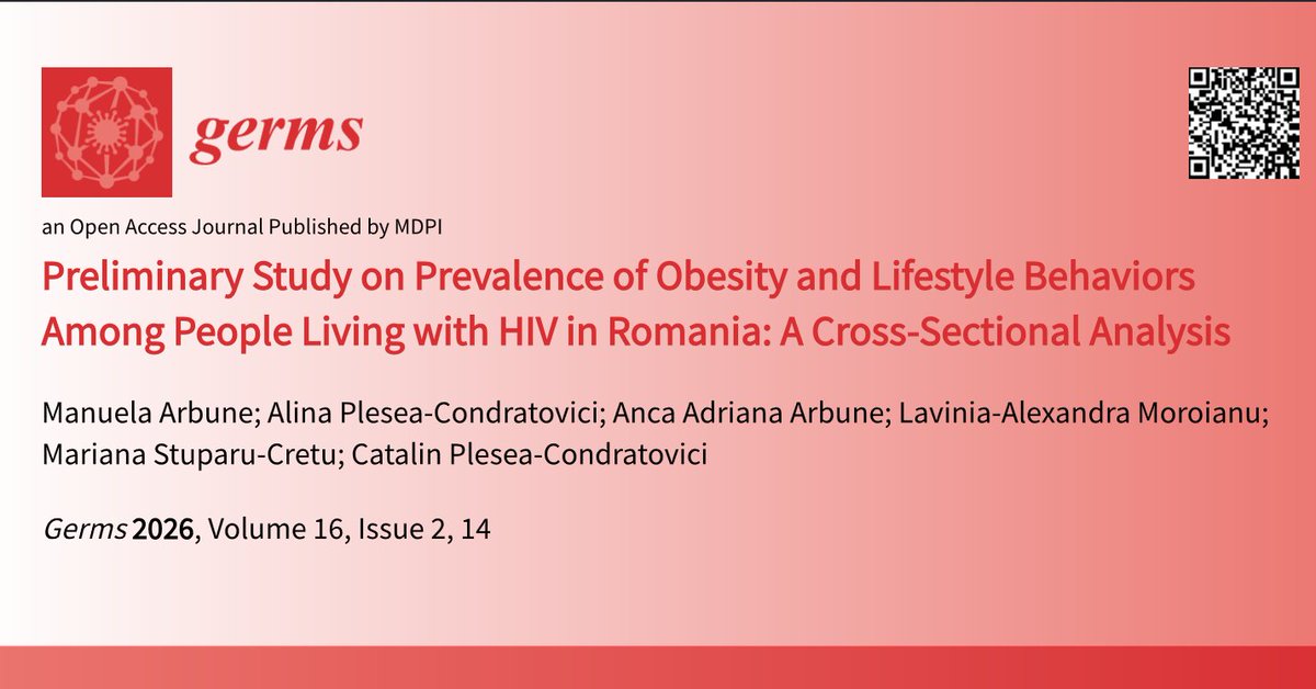 Germs_MDPI's tweet photo. 🎉 This study provides the first national data from Romania on obesity and lifestyle #behaviors among people living with HIV.

🔍Findings:
- 17.9% of participants had obesity, while 29.2% were #overweight.
- 22.6% had high-risk #abdominalobesity.

 🌐 https://t.co/ws9rpgieXu https://t.co/preUtWfKQ1