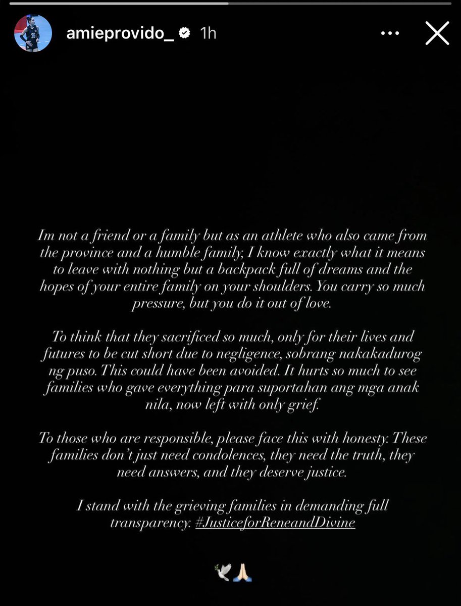 tj_canino's tweet photo. Amie Provido to 🦅Ateneo:

“To those who are responsible, please face this with honesty. These families don’t just need condolences, they need the truth, they need answers, and they deserve justice.

I stand with the grieving families in demanding full transparency.” https://t.co/VFqdtqhMn7